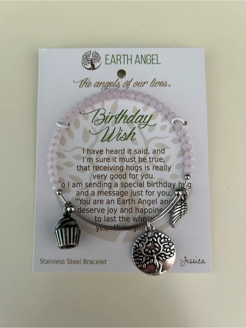 Earth Angel Birthday Wish stainless steel bracelet cupcake angel wing pink beads